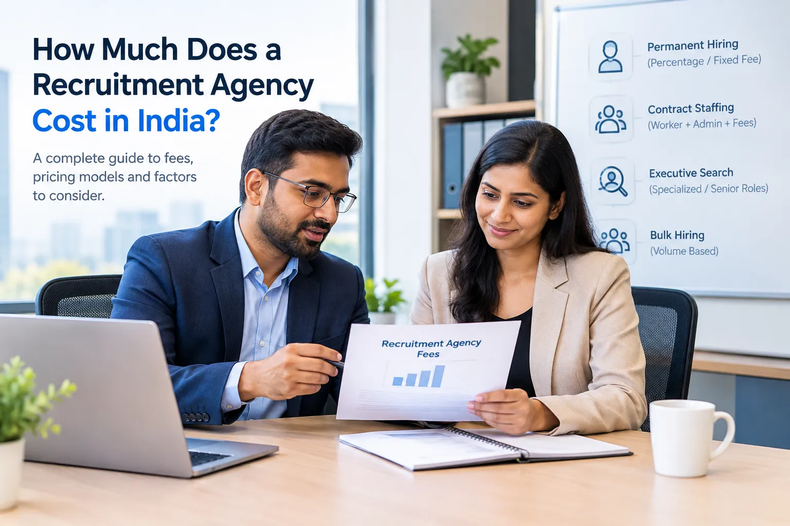 Business owner and HR manager reviewing recruitment agency fees and hiring costs in India.